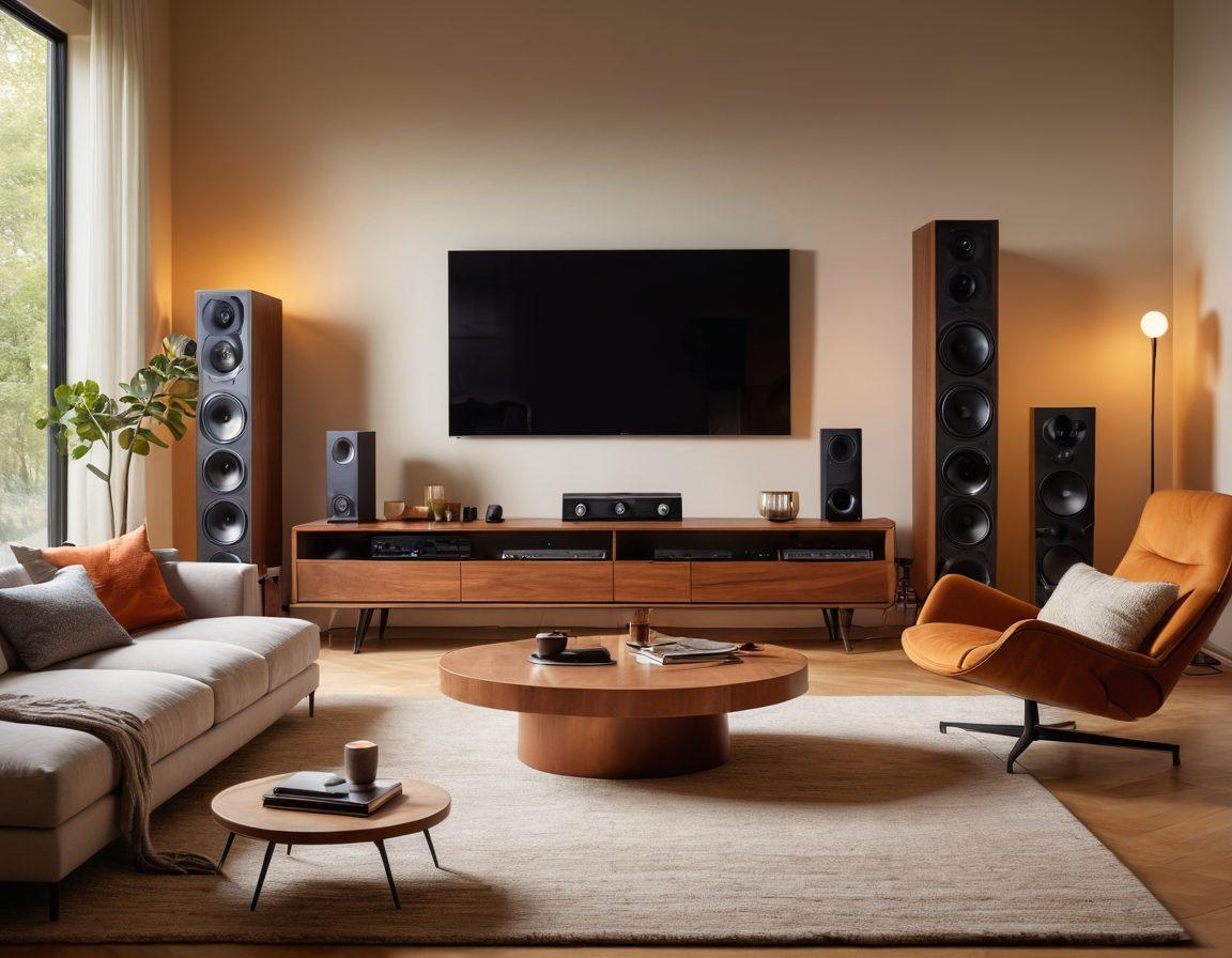 A modern living room filled with high-tech audio equipment, showcasing sleek speakers and sound systems, while a musician mixes sounds on a laptop. The ambiance is warm and inviting, with soft lighting highlighting the technology. Include sound waves visually emanating from the speakers, symbolizing the mastery of sound reproduction. super-realistic. vibrant colors. cozy atmosphere.