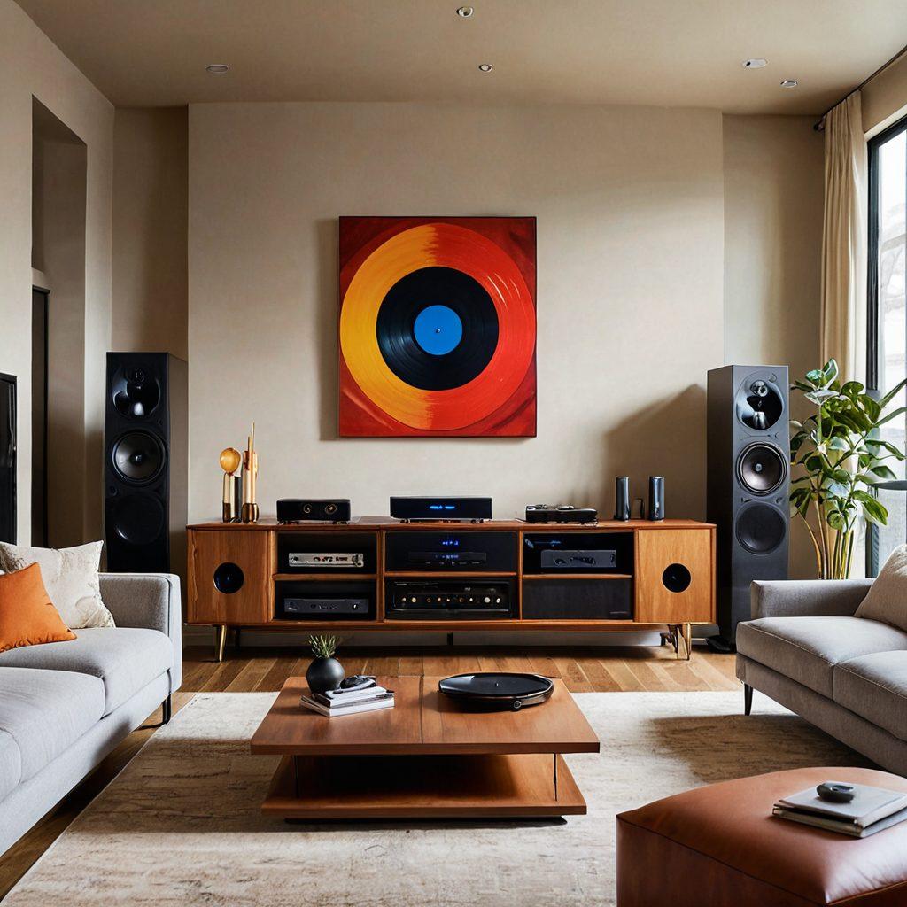 A modern, stylish living room showcasing various high-fidelity audio systems, with sleek speakers and turntables placed elegantly on furniture. The space is filled with ambient lighting that creates a cozy atmosphere, and vinyl records and headphones are scattered around. A vibrant soundwave graphic flows through the room, symbolizing high-quality audio. super-realistic. vibrant colors. cozy lighting.