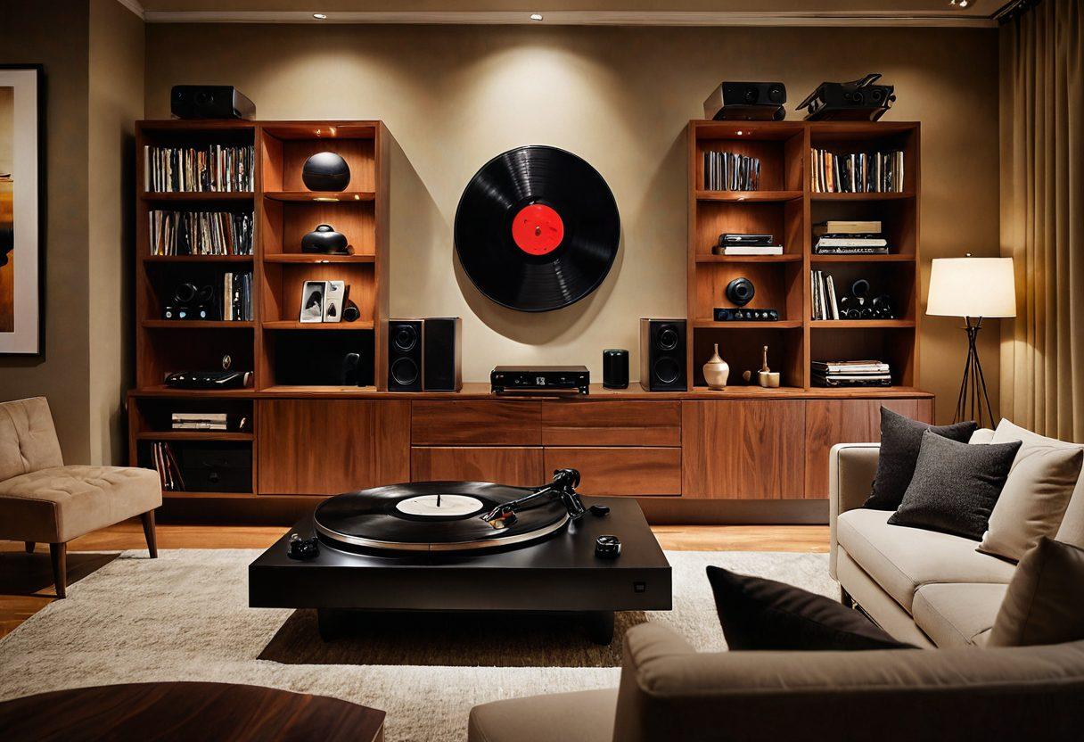 A sleek, modern audio setup featuring high-fidelity speakers, an elegant turntable, and headphones, surrounded by soundwaves emanating from them. Include a soft ambient glow to emphasize warmth and richness in sound, with subtle reflections to suggest depth. The background should have a blurred view of a cozy listening room filled with vinyl records and plush furniture. super-realistic. vibrant colors. warm lighting.